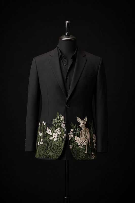 Midnight Fawn Hand-Embroidered Black Suit Set