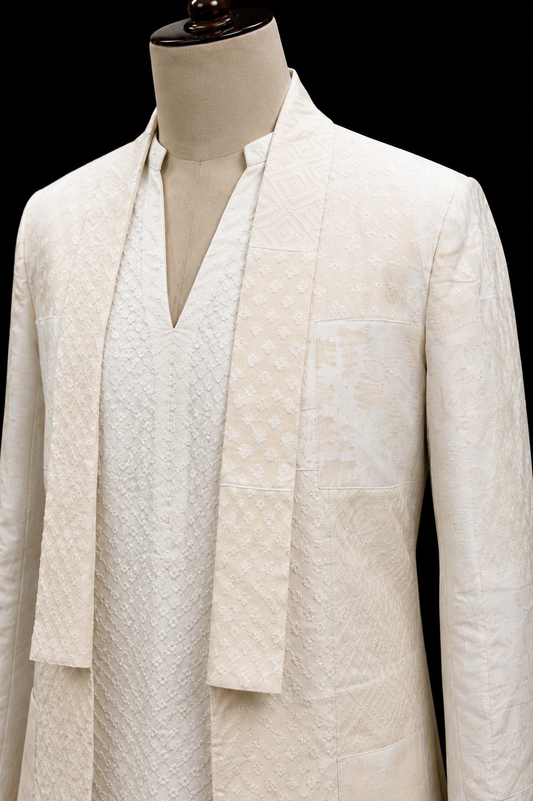 Ivory Handwoven Dhoti Set with Layered Jacket