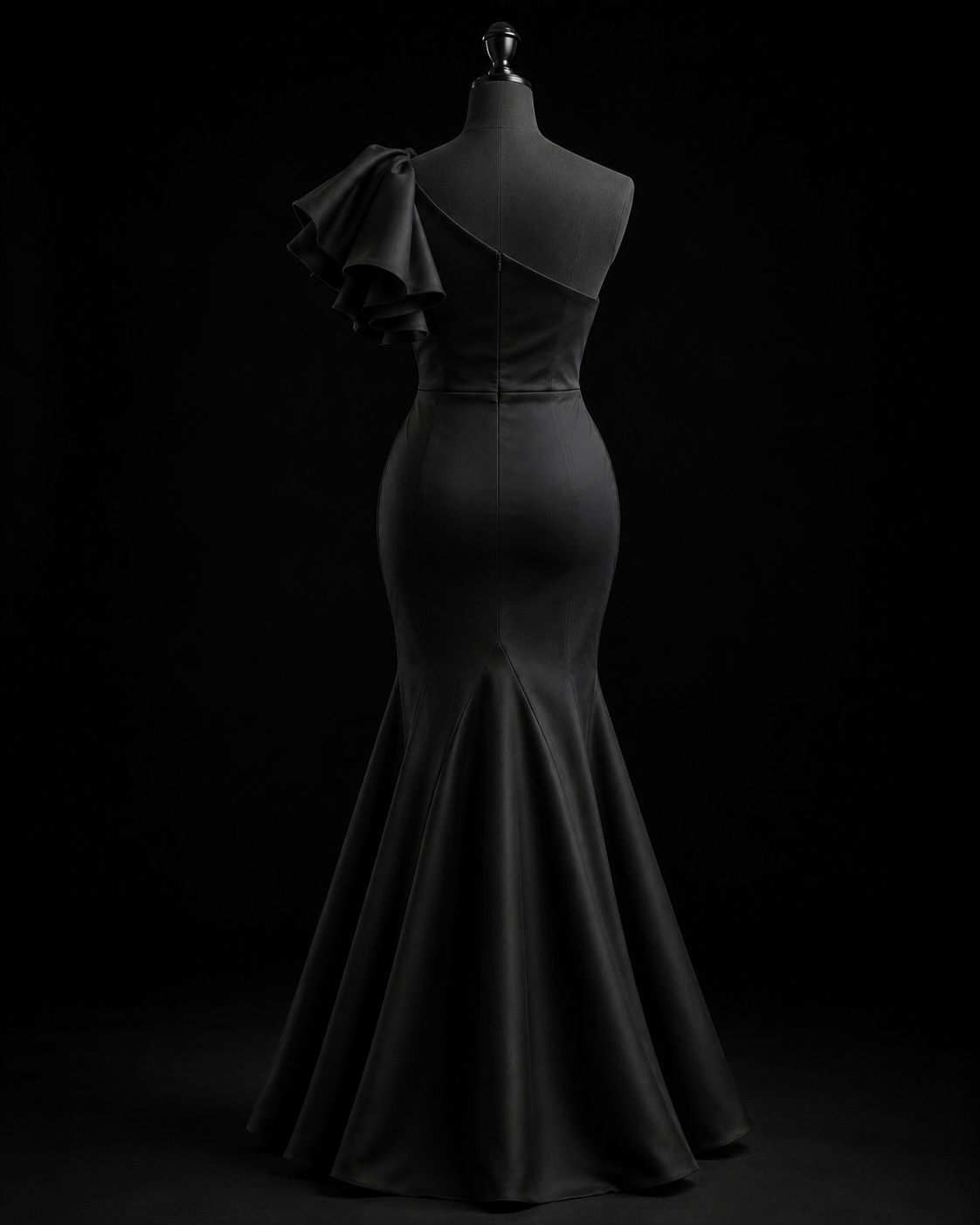 Midnight Noir Ruffle Satin Gown