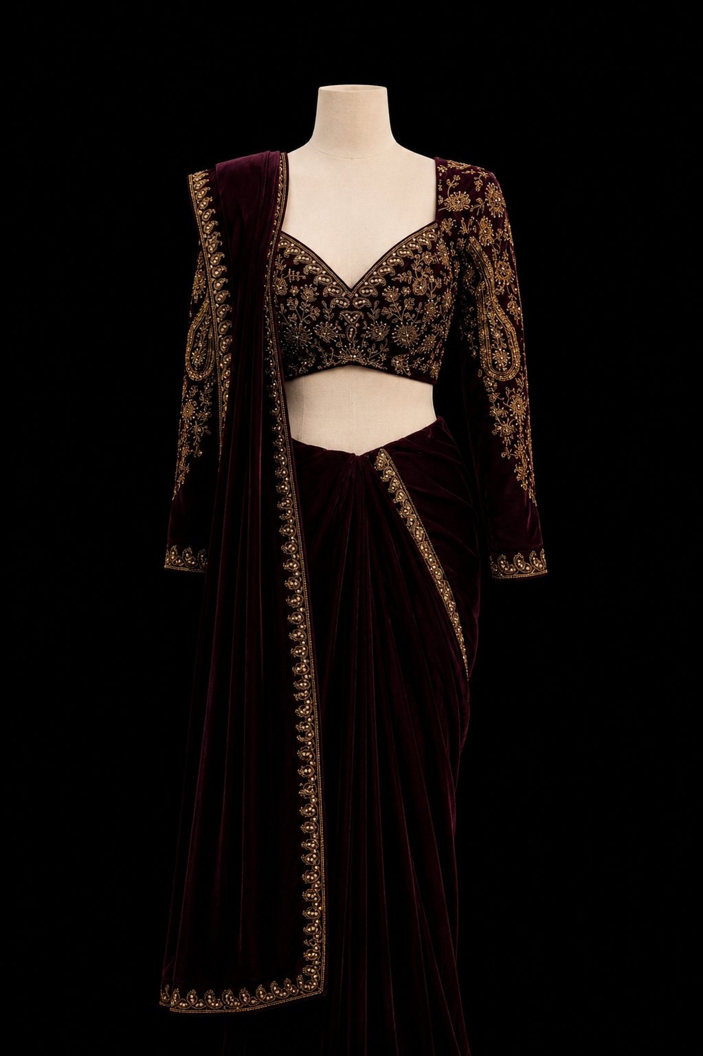 Midnight Wine Velvet Saree Set