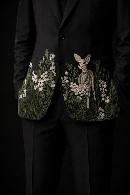 Midnight Fawn Hand-Embroidered Black Suit Set