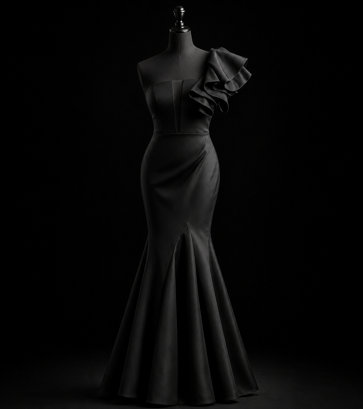 Midnight Noir Ruffle Satin Gown
