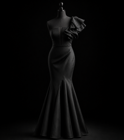 Midnight Noir Ruffle Satin Gown
