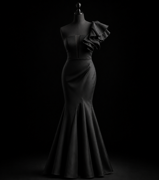 Midnight Noir Ruffle Satin Gown