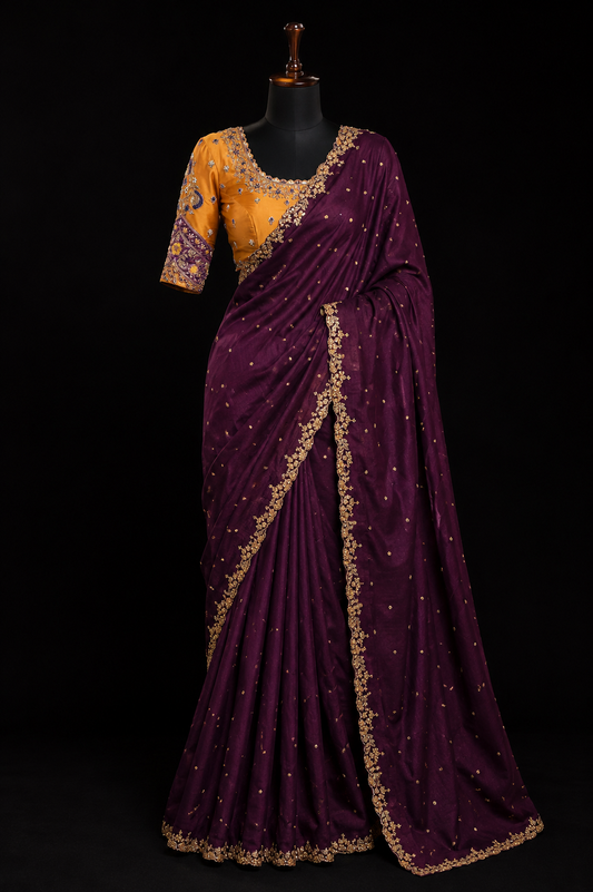 Royal Aubergine Handcrafted Ssree with Embroidered Blouse