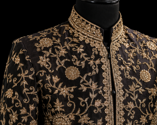Traditional Black Zardousi Sherwani
