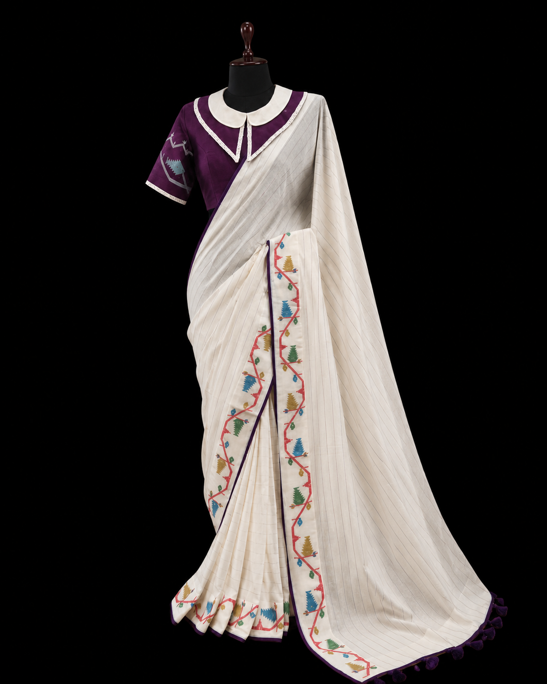 Handwoven White Jamdani Sree with Multicolour Floral Border & Designer Collar Blouse