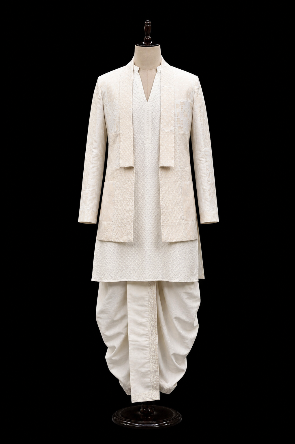 Ivory Handwoven Dhoti Set with Layered Jacket