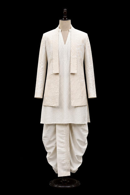 Ivory Handwoven Dhoti Set with Layered Jacket