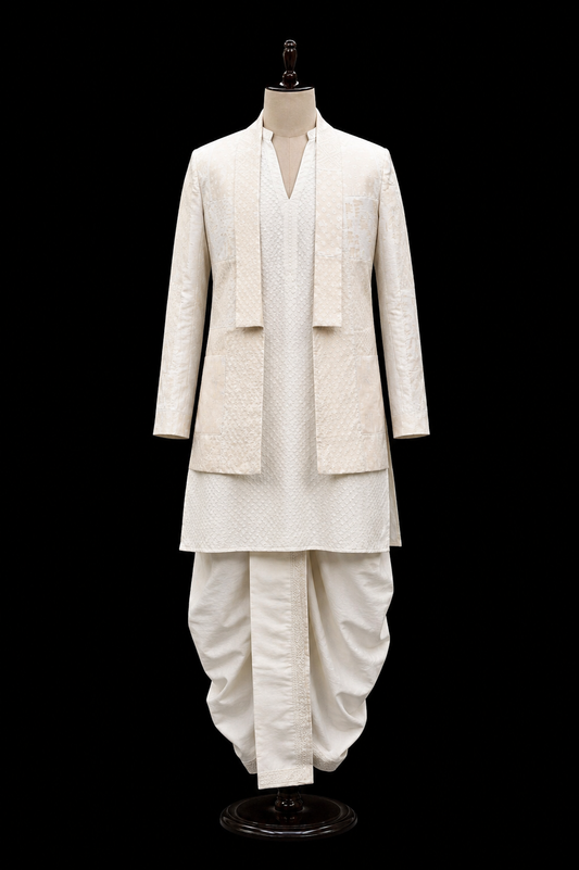 Ivory Handwoven Dhoti Set with Layered Jacket
