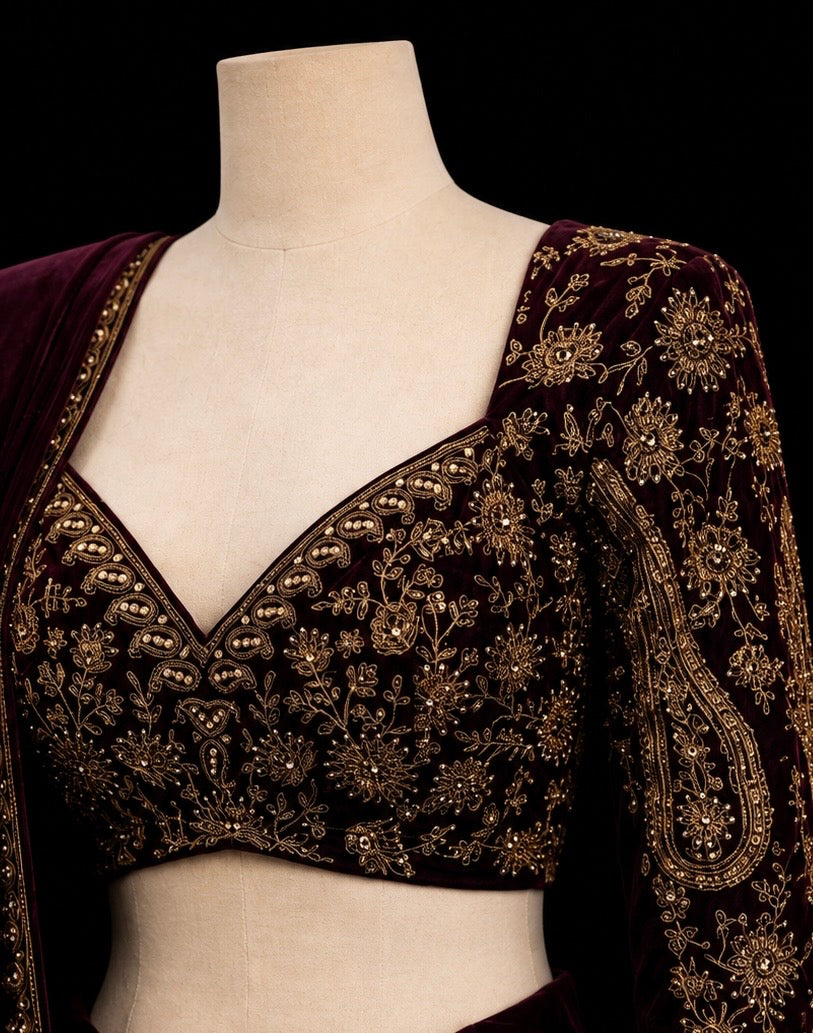 Midnight Wine Velvet Saree Set