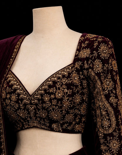 Midnight Wine Velvet Saree Set