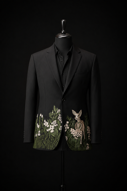 Midnight Fawn Hand-Embroidered Black Suit Set