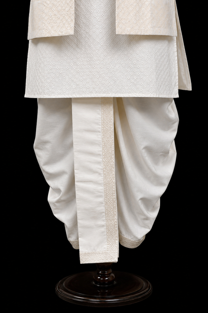 Ivory Handwoven Dhoti Set with Layered Jacket
