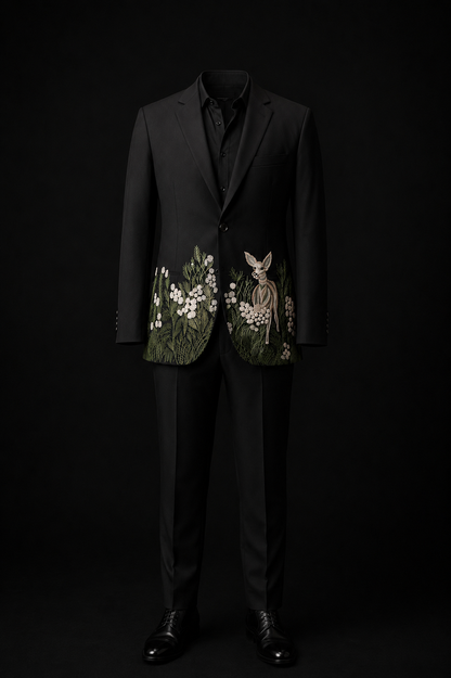 Midnight Fawn Hand-Embroidered Black Suit Set