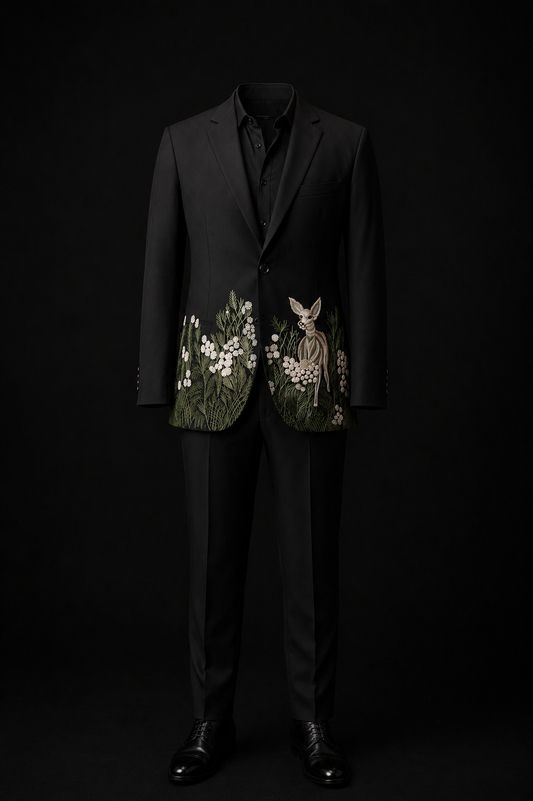 Midnight Fawn Hand-Embroidered Black Suit Set