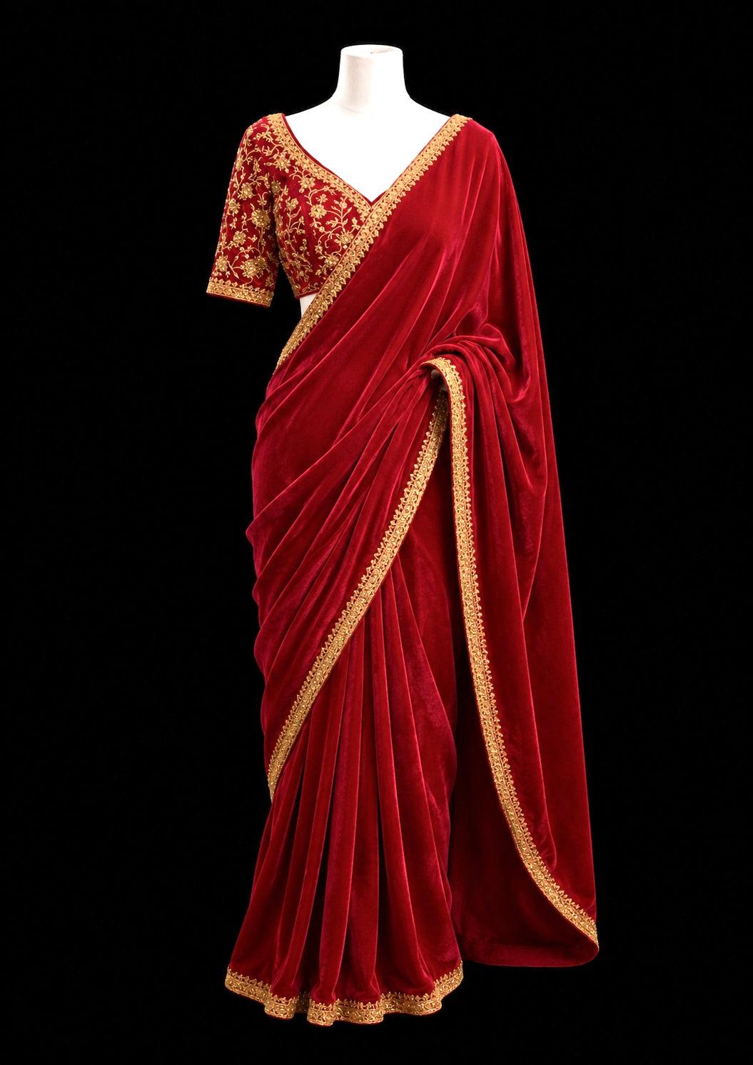 Crimson Velvet Embroidered Saree Blouse