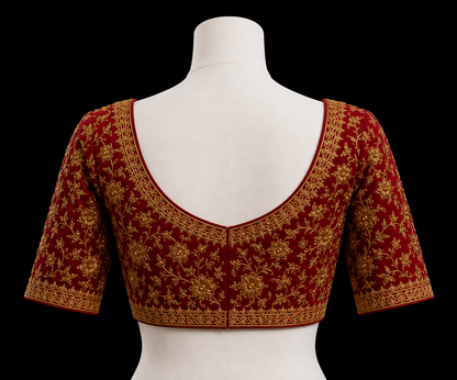 Crimson Velvet Embroidered Saree Blouse