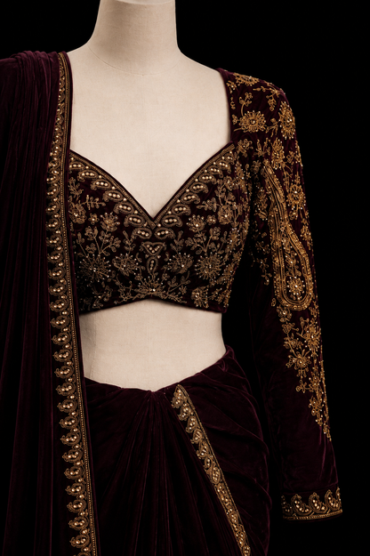 Midnight Wine Velvet Saree Set