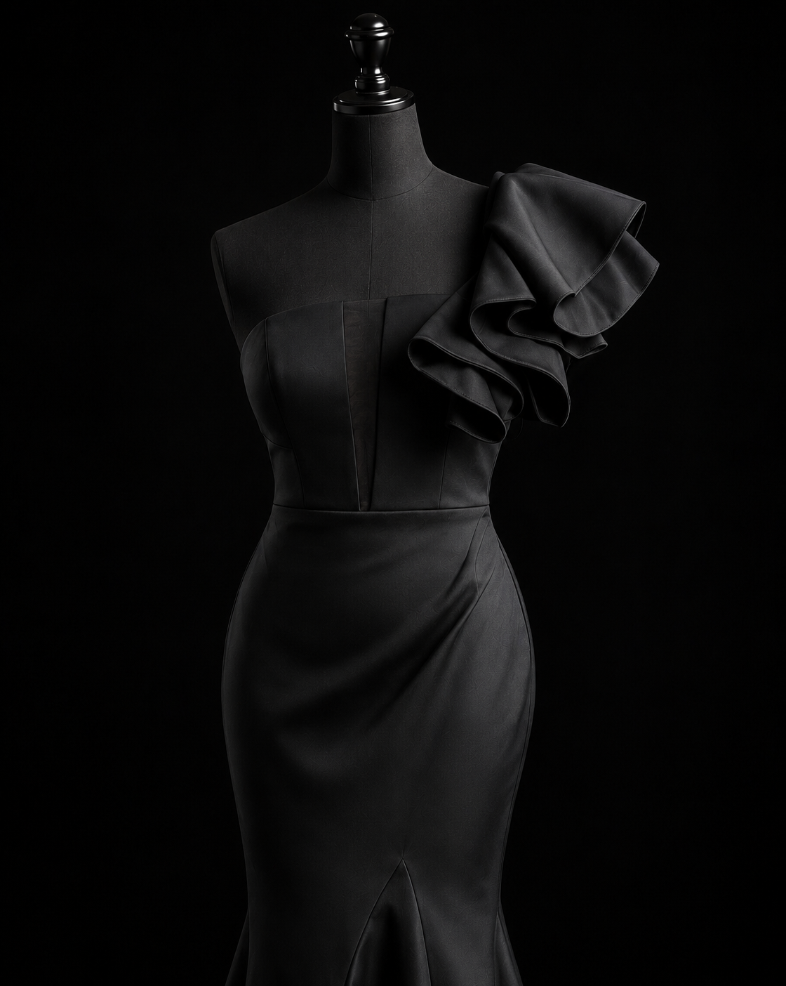 Midnight Noir Ruffle Satin Gown