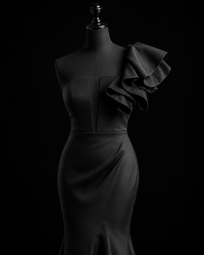 Midnight Noir Ruffle Satin Gown