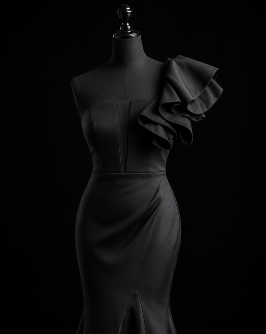 Midnight Noir Ruffle Satin Gown