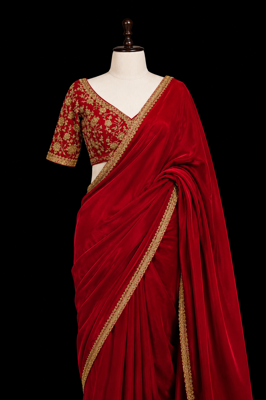 Crimson Velvet Embroidered Saree Blouse