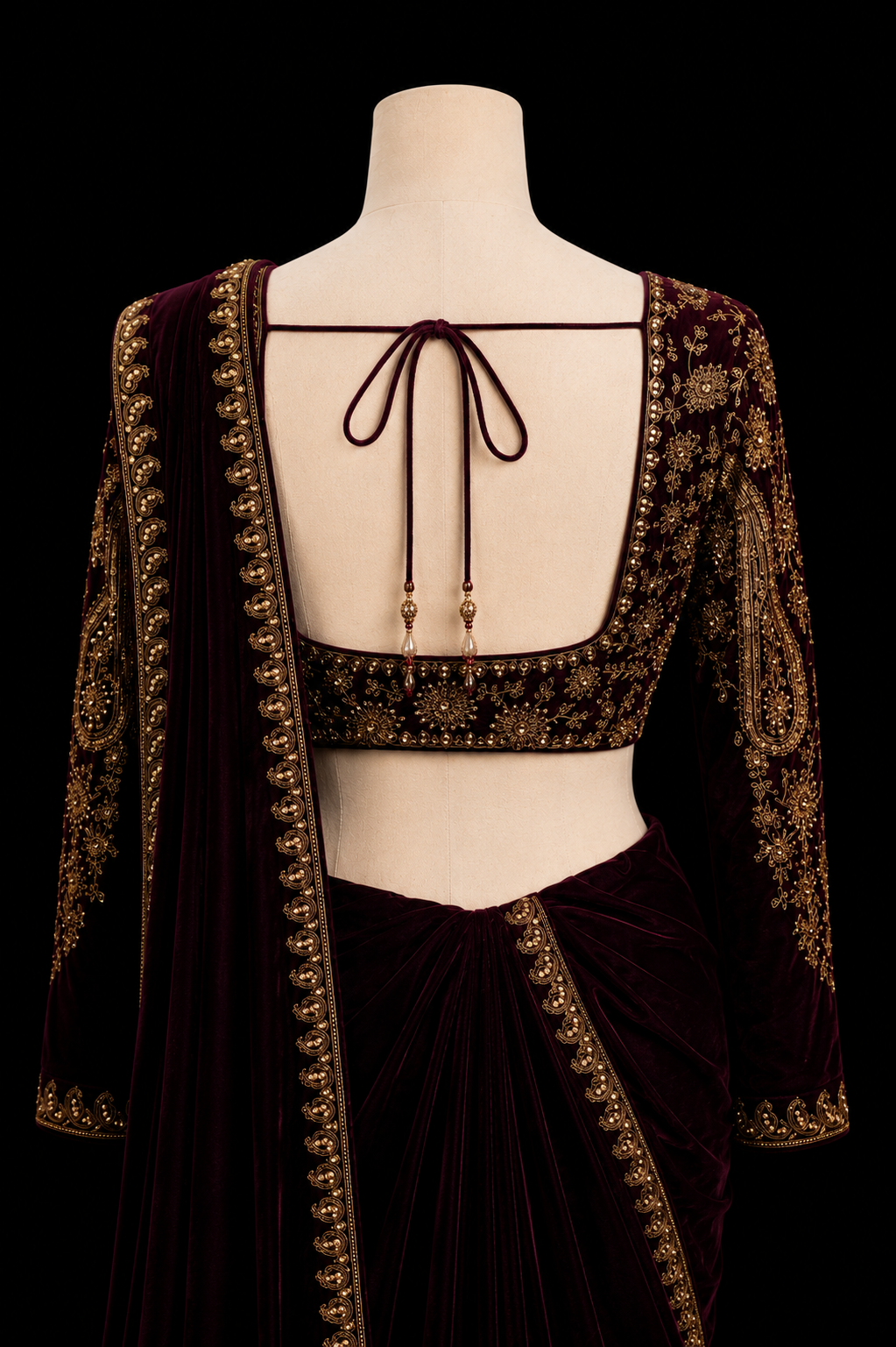 Midnight Wine Velvet Saree Set