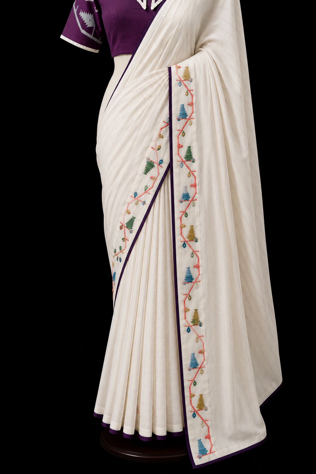 Handwoven White Jamdani Sree with Multicolour Floral Border & Designer Collar Blouse