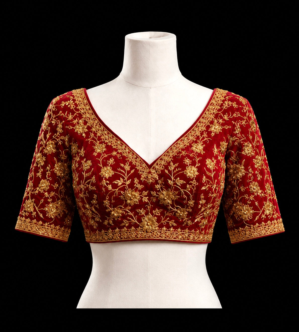 Crimson Velvet Embroidered Saree Blouse