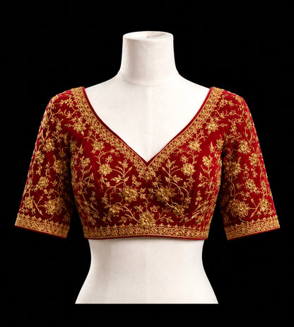 Crimson Velvet Embroidered Saree Blouse