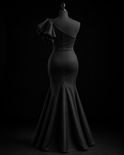 Midnight Noir Ruffle Satin Gown
