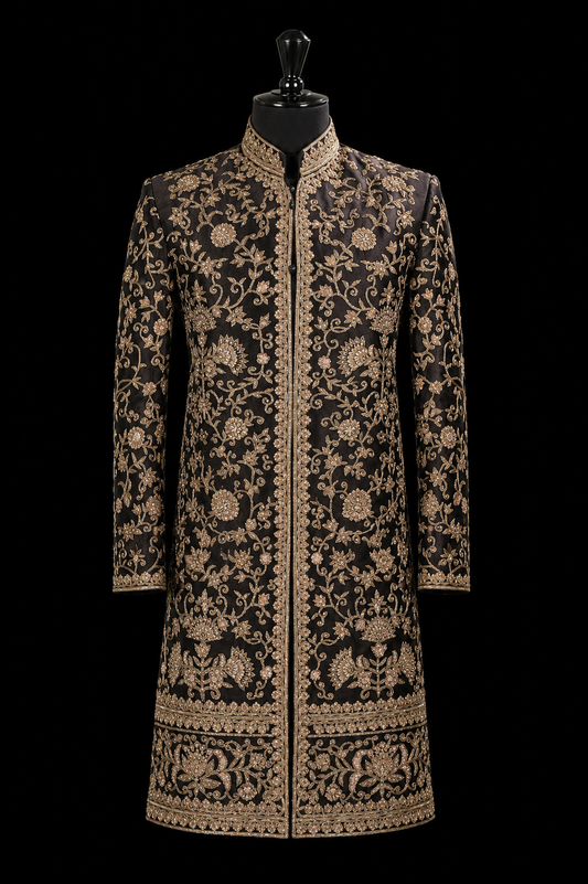 Traditional Black Zardousi Sherwani